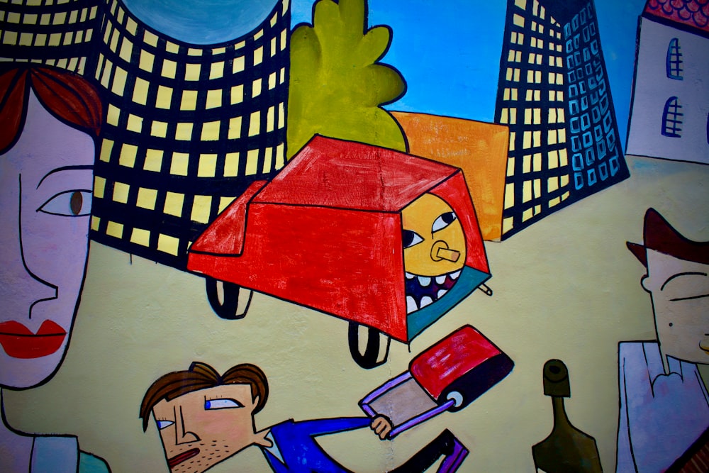 Junge in rotem Hemd und blauer Hose Zeichentrickfigur
