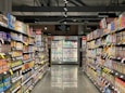 white and red labeled pack on white shelf