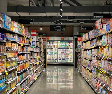 white and red labeled pack on white shelf