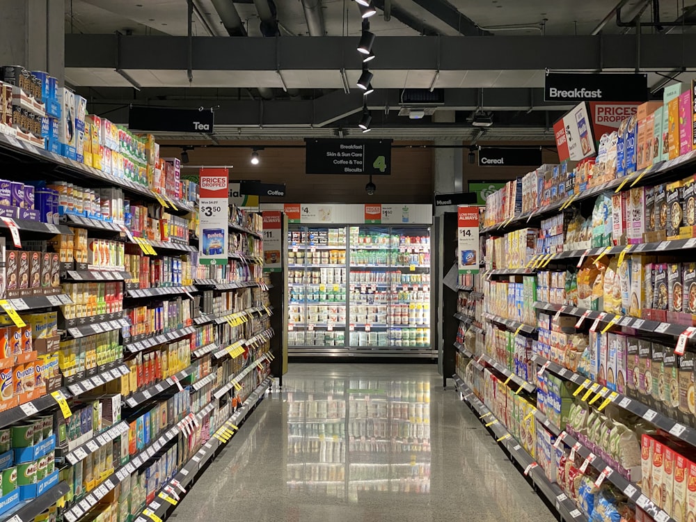 white and red labeled pack on white shelf