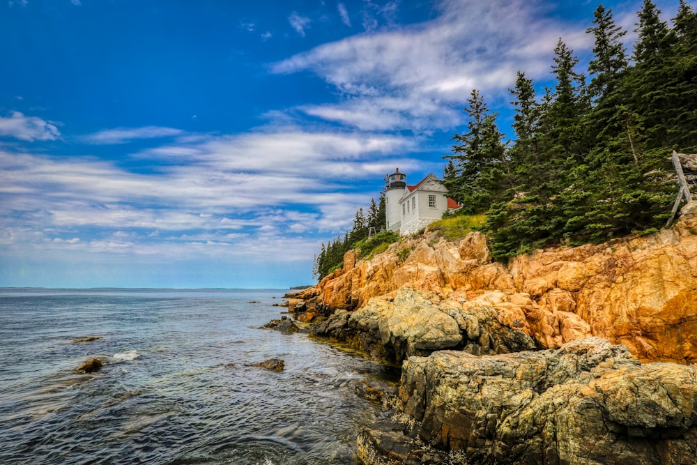 white and brown house on brown rock formation beside body of water under blue sky during