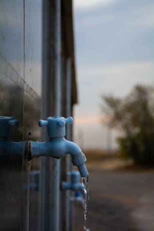 Several blue water taps are mounted on a wall with water flowing from one tap. The background features a blurred landscape with some trees and an overcast sky.
