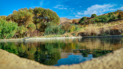 A vibrant image of a terrain with a small pond reflecting the sky and trees.