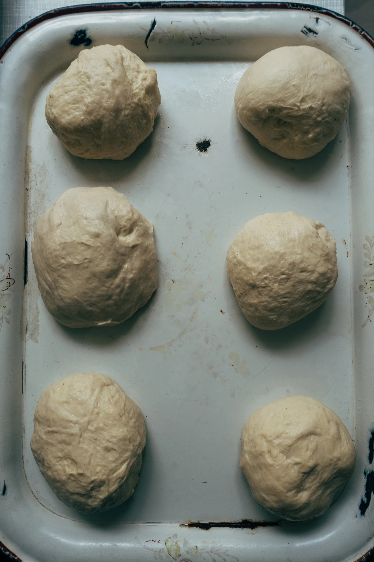 Six risen dough balls in an enamel tray, seen from above
