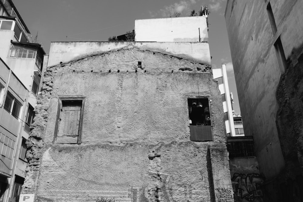 grayscale photo of concrete building