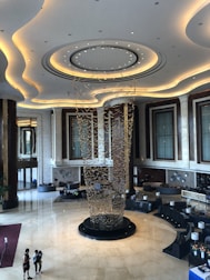 An inviting commercial lobby with stylish seating and artistic elements.