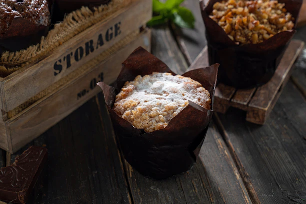A happy customer enjoying a muffin with a bright smile in a cozy kitchen setting.