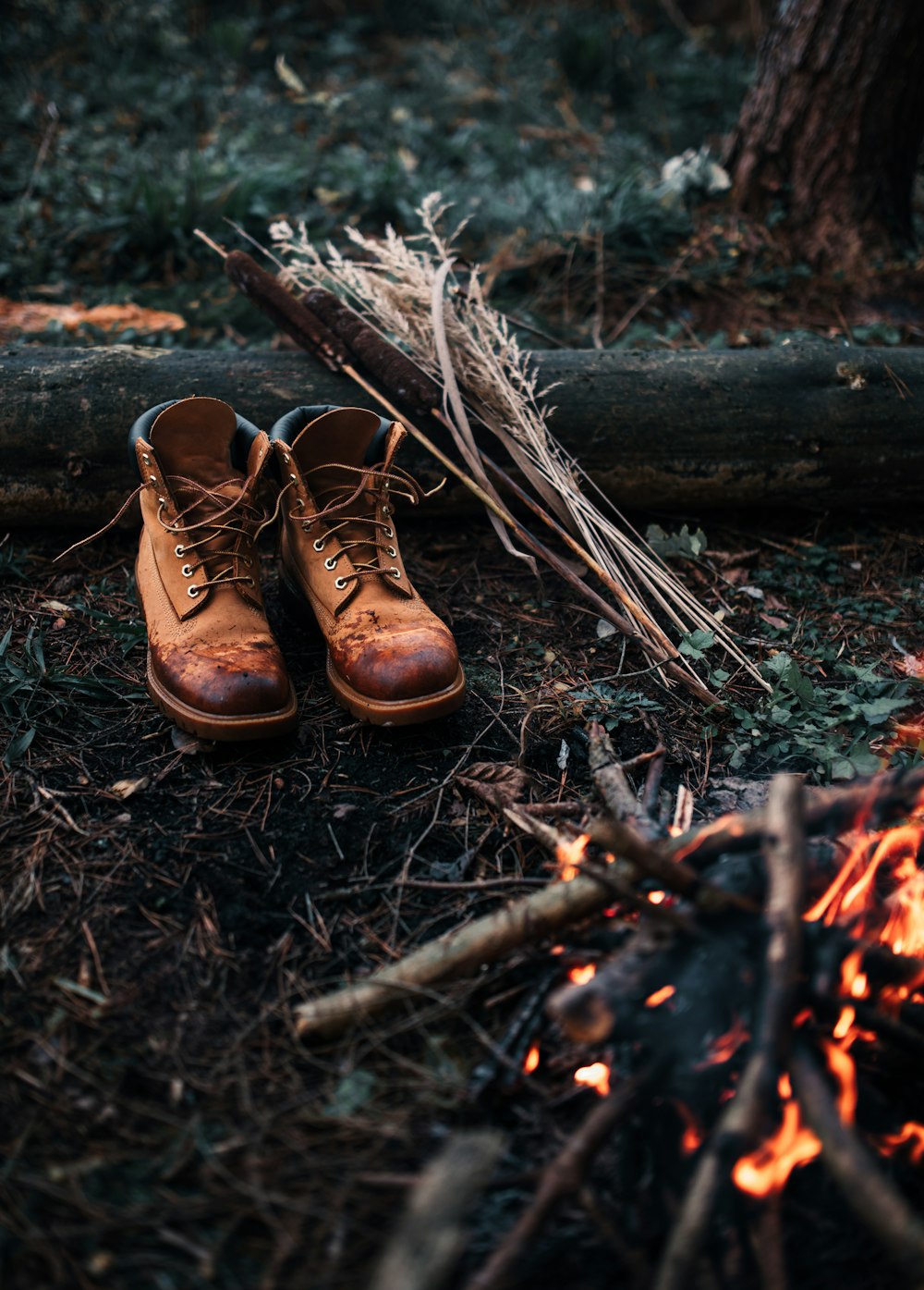 brown leather lace up boots on brown wood log