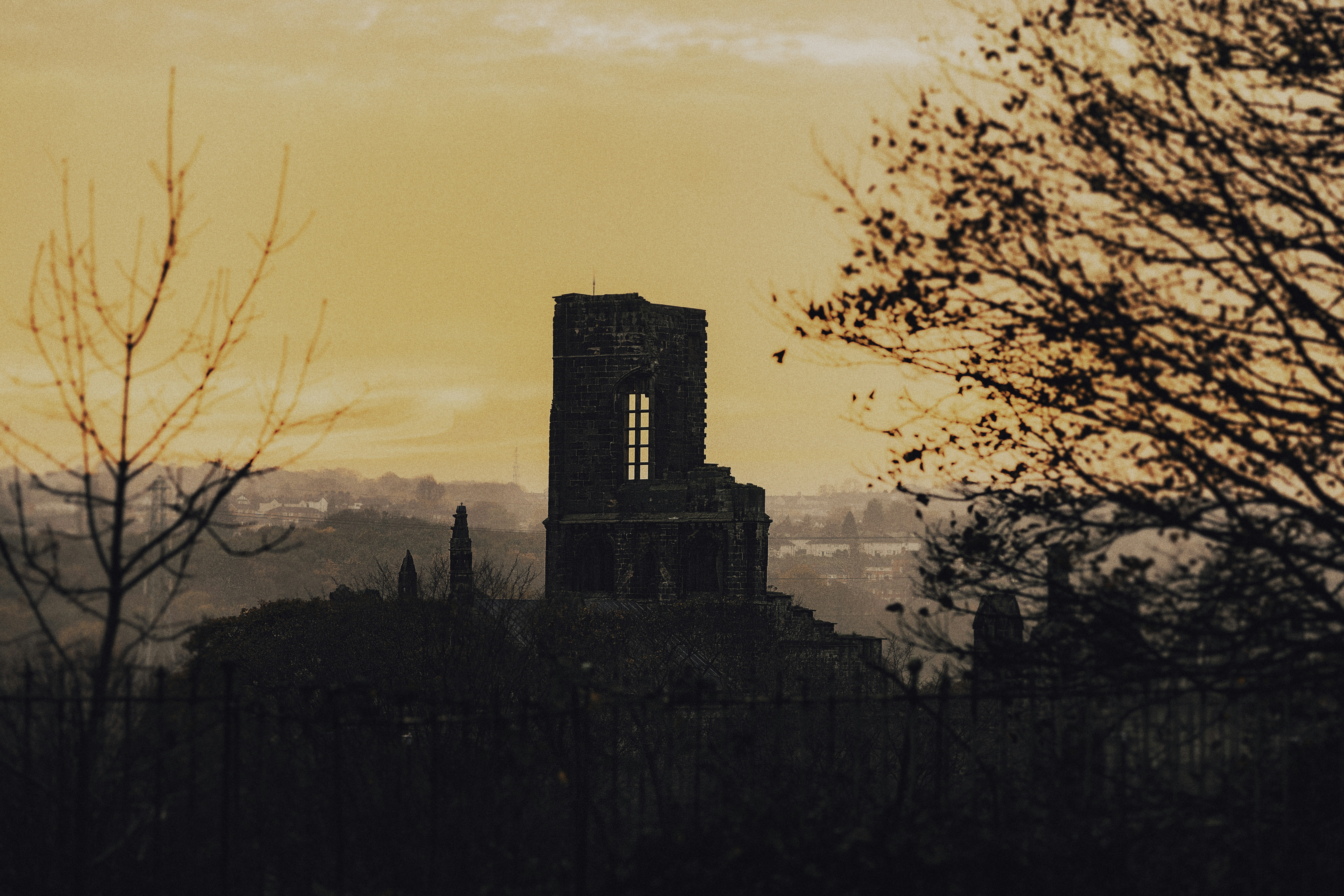 silhouette of building during sunset, Kirkstall Abbey, Nov 7 2020. 