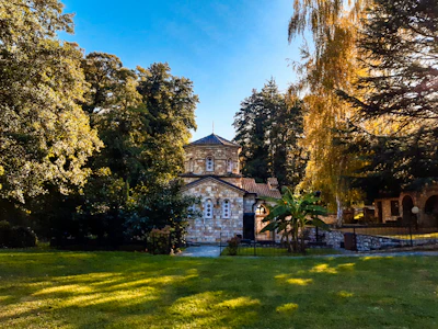 A sunlit village hall surrounded by lush greenery and blooming flowers on a clear day.