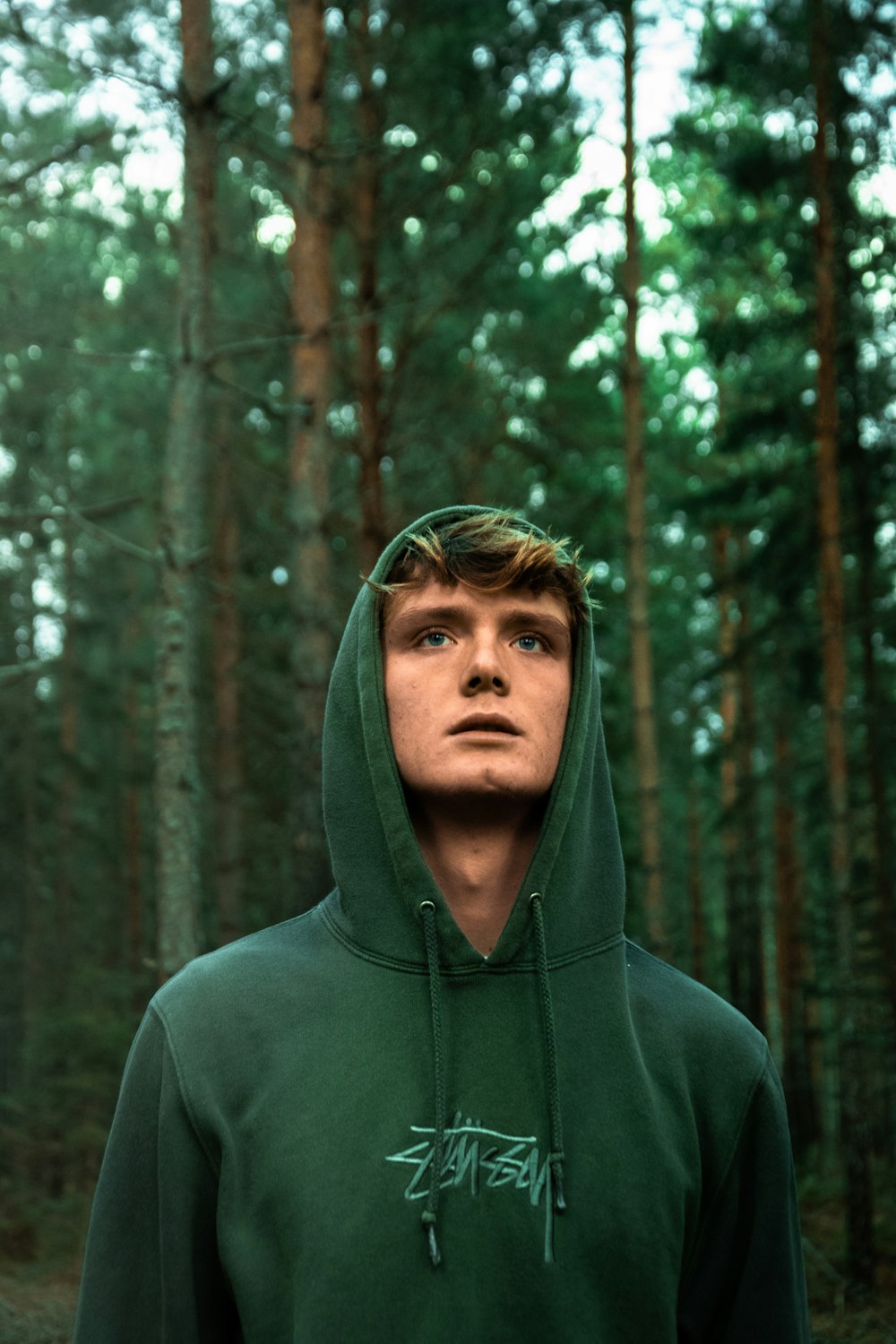 man in gray hoodie standing in forest
