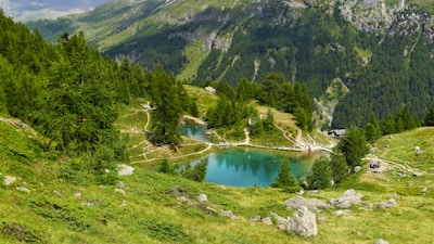 A picturesque alpine landscape featuring a serene, turquoise-colored lake surrounded by lush, green trees and rugged rocky terrain. Winding trails lead through the scene, with the backdrop of towering, forested mountains. A few people can be seen enjoying the natural beauty, engaging in activities such as hiking and resting.