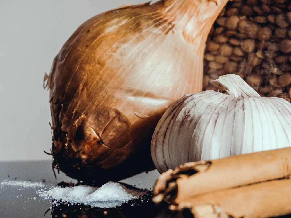 garlic bulb on white surface