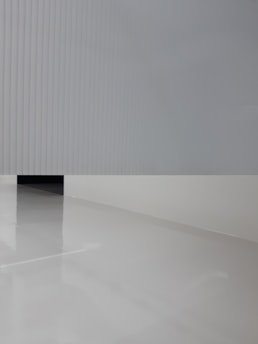 A minimalist scene featuring a reflective, light-colored floor and a vertical, ribbed or paneled wall in the background. The color palette is primarily composed of various shades of light gray, contributing to a clean and modern aesthetic.