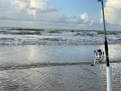 A fishing rod is standing upright on a sandy beach near the shoreline. The ocean waves are gently rolling in, and the sky is partly cloudy with various shades of blue and white.