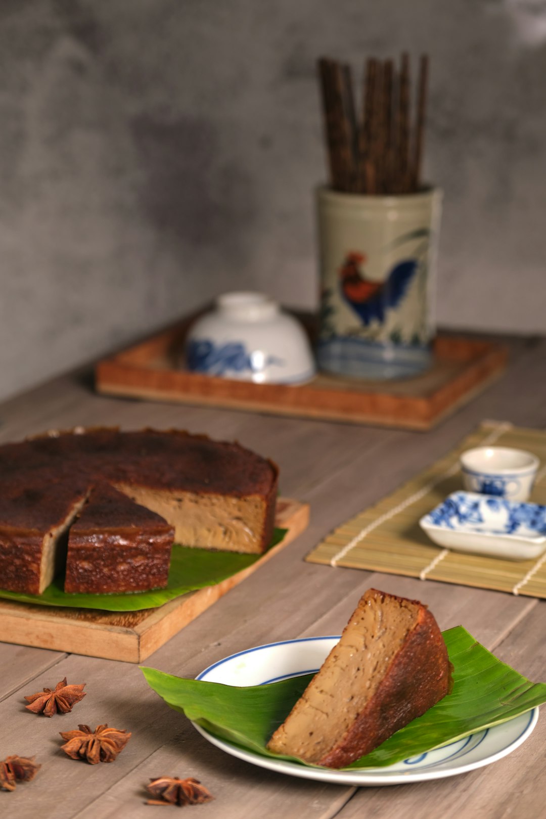 brown and green cake on green plate