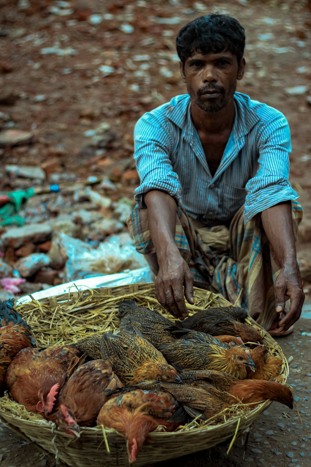 man in blue and white stripe button up shirt sitting on ground with dried leaves