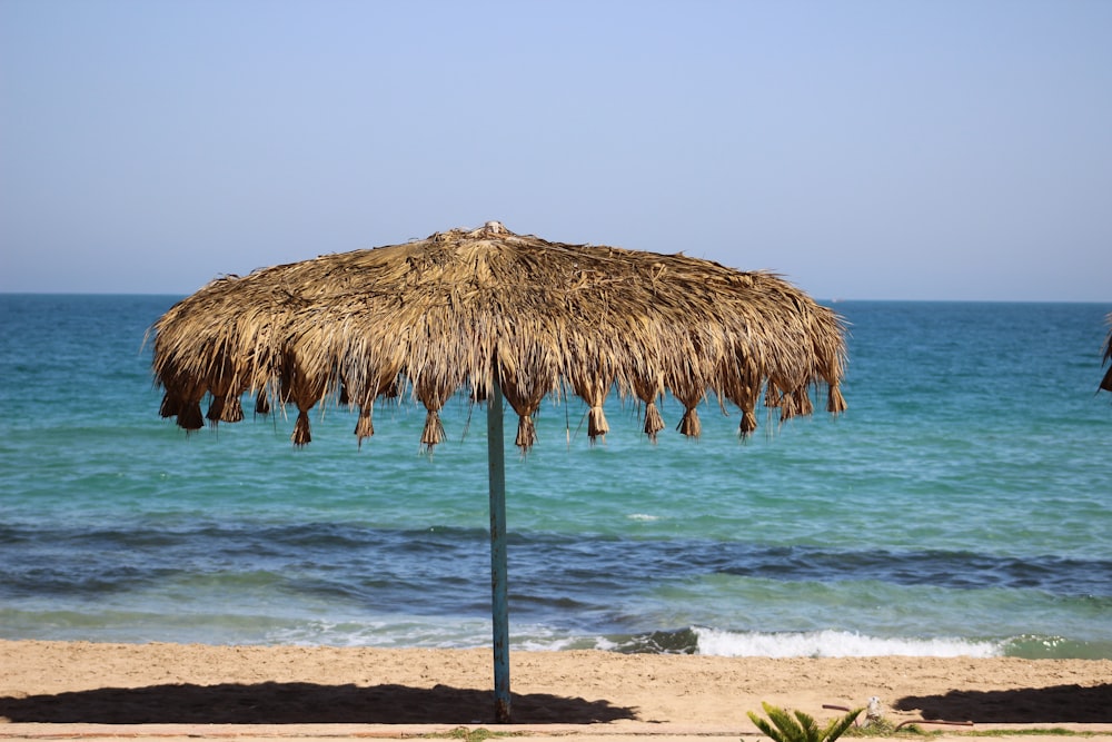 brown nipa hut on beach during daytime