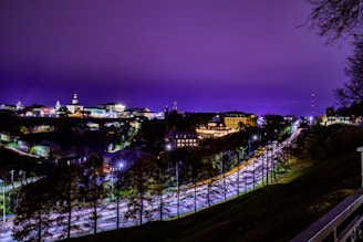 A vibrant purple-hued photo capturing a cinematic moment in a bustling cityscape at dusk.
