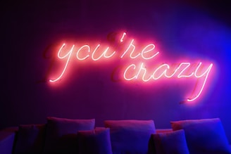 Neon sign with the words 'you're crazy' glowing in pink and red light, set against a dark background. Below the sign, there are several pillows arranged on a sofa.