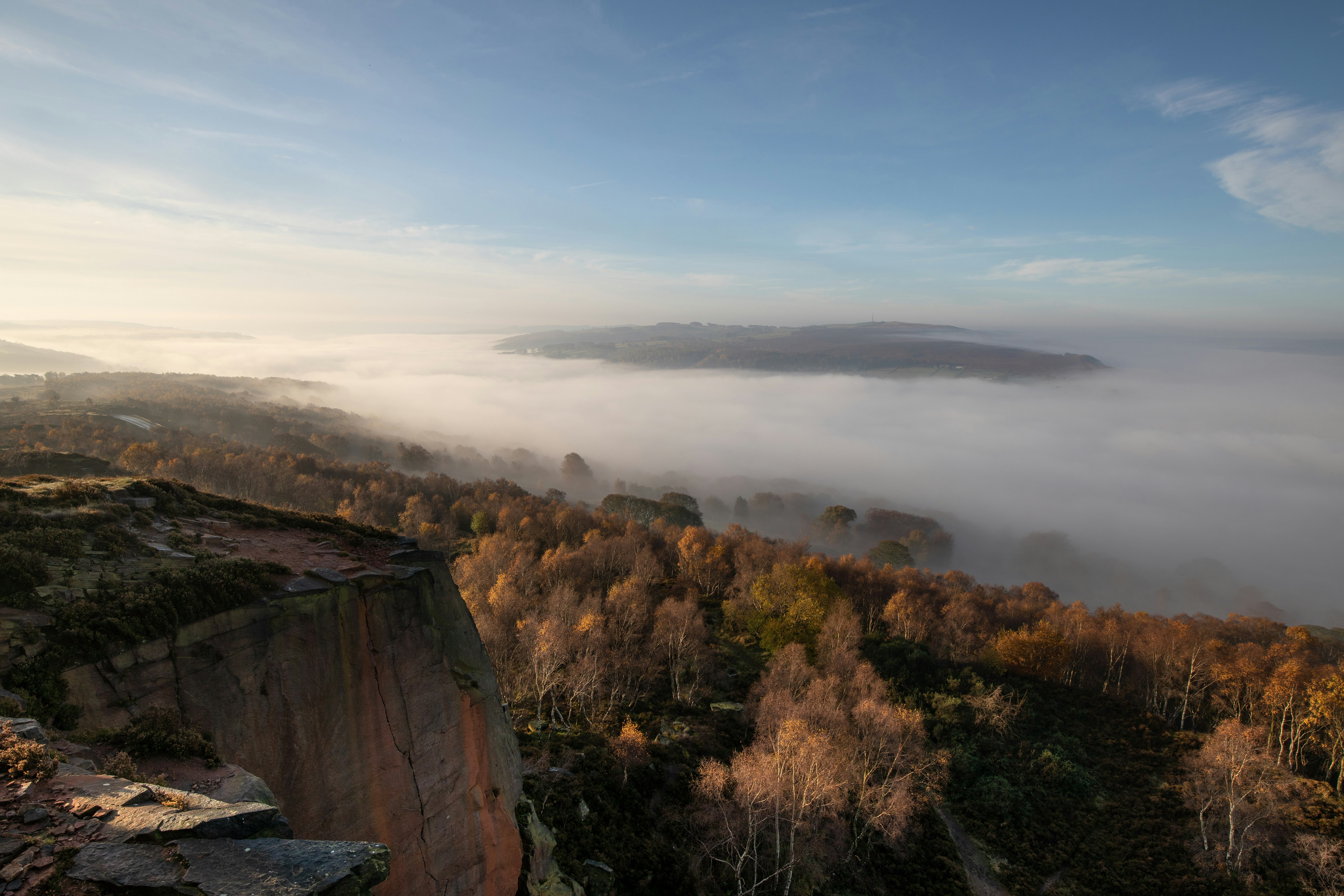 A cloud inversion seen from a drone at Surprise view in Hope Valley, the Peak District.