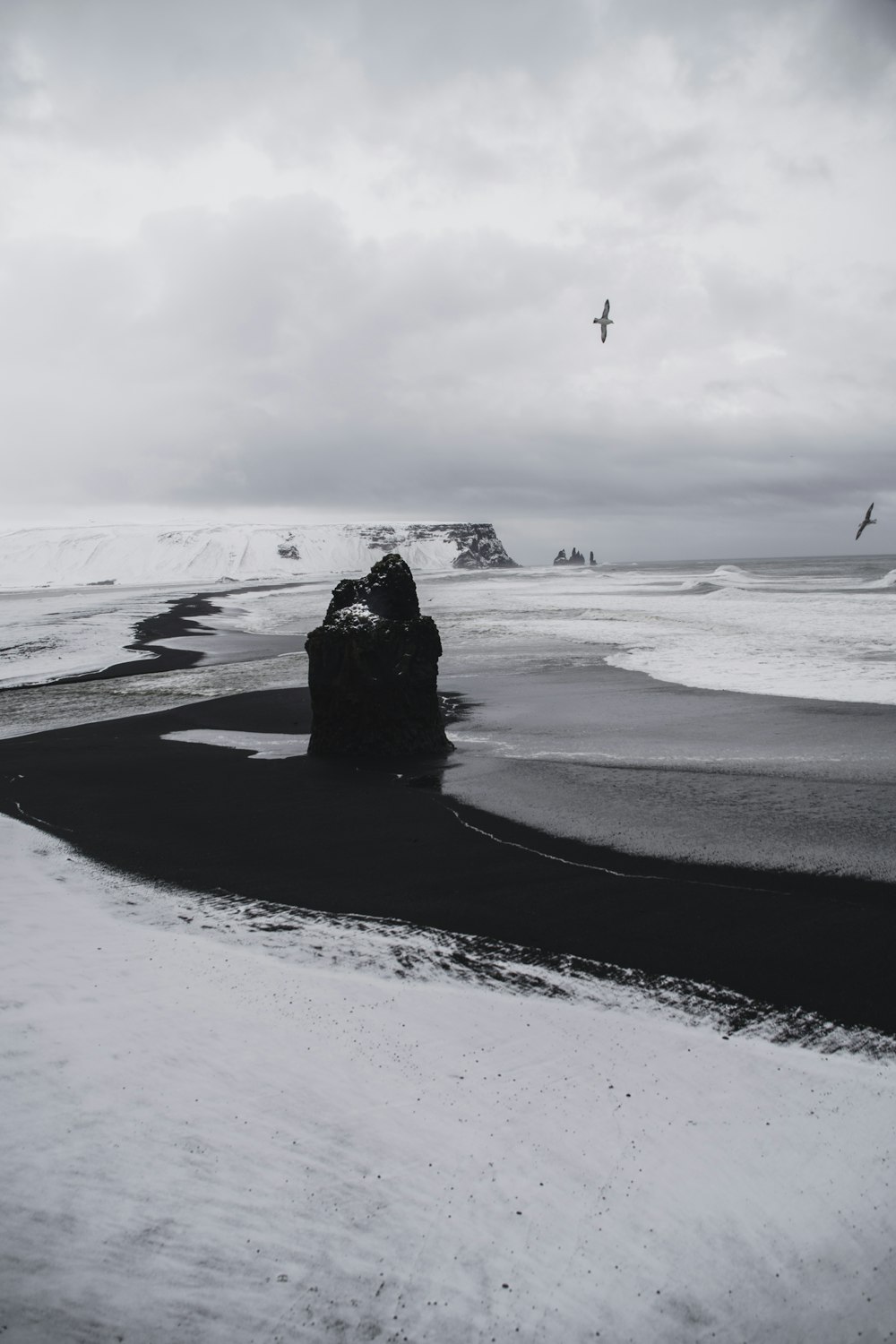 昼間の雪に覆われた地面にできた黒い岩層