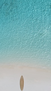 A serene and clear turquoise sea gently meets a pristine sandy beach. A single surfboard lies on the sand, suggesting calm and leisure in a tropical setting.