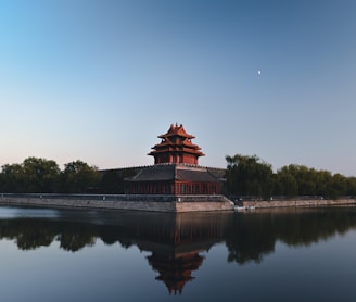 brown and black temple near body of water during daytime