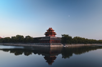 brown and black temple near body of water during daytime