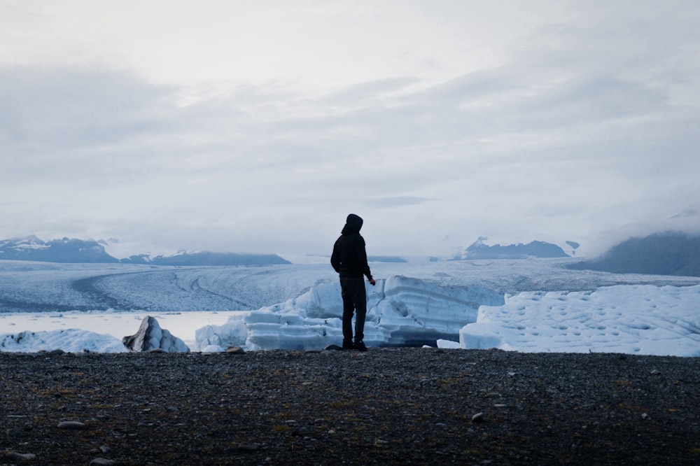 man in black jacket standing on black soil near snow covered mountain during daytime