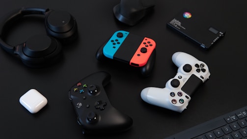 An array of gaming accessories including headsets and controllers.