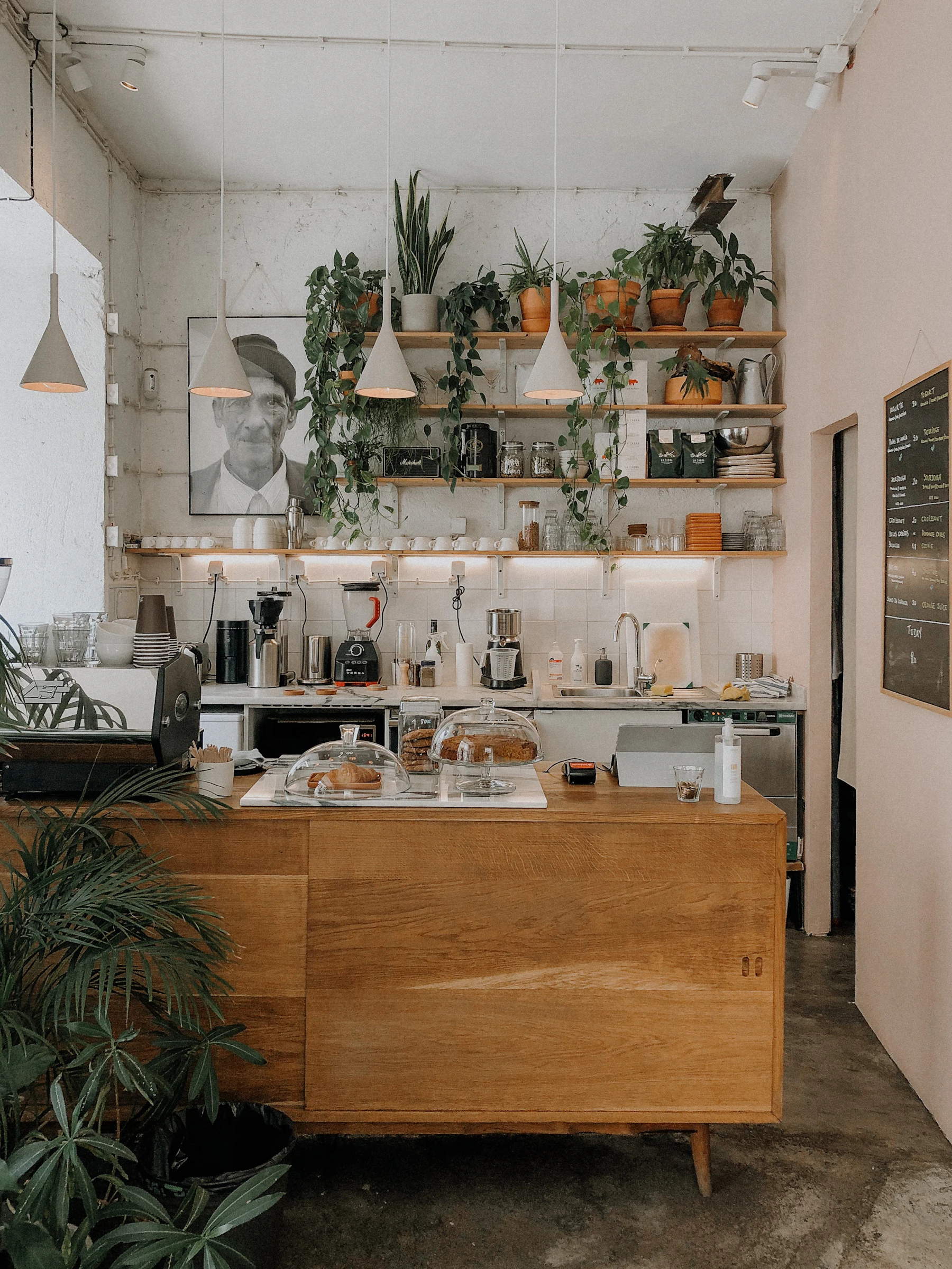 A working café counter: cake domes, a grinder and shelves of equipment against white tile.
