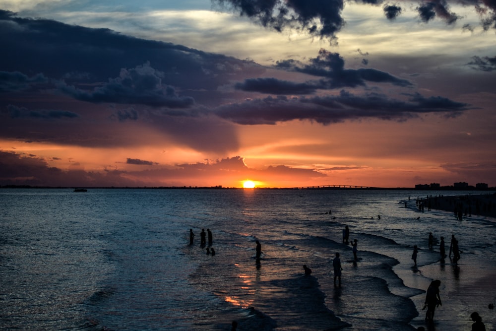 people on beach during sunset