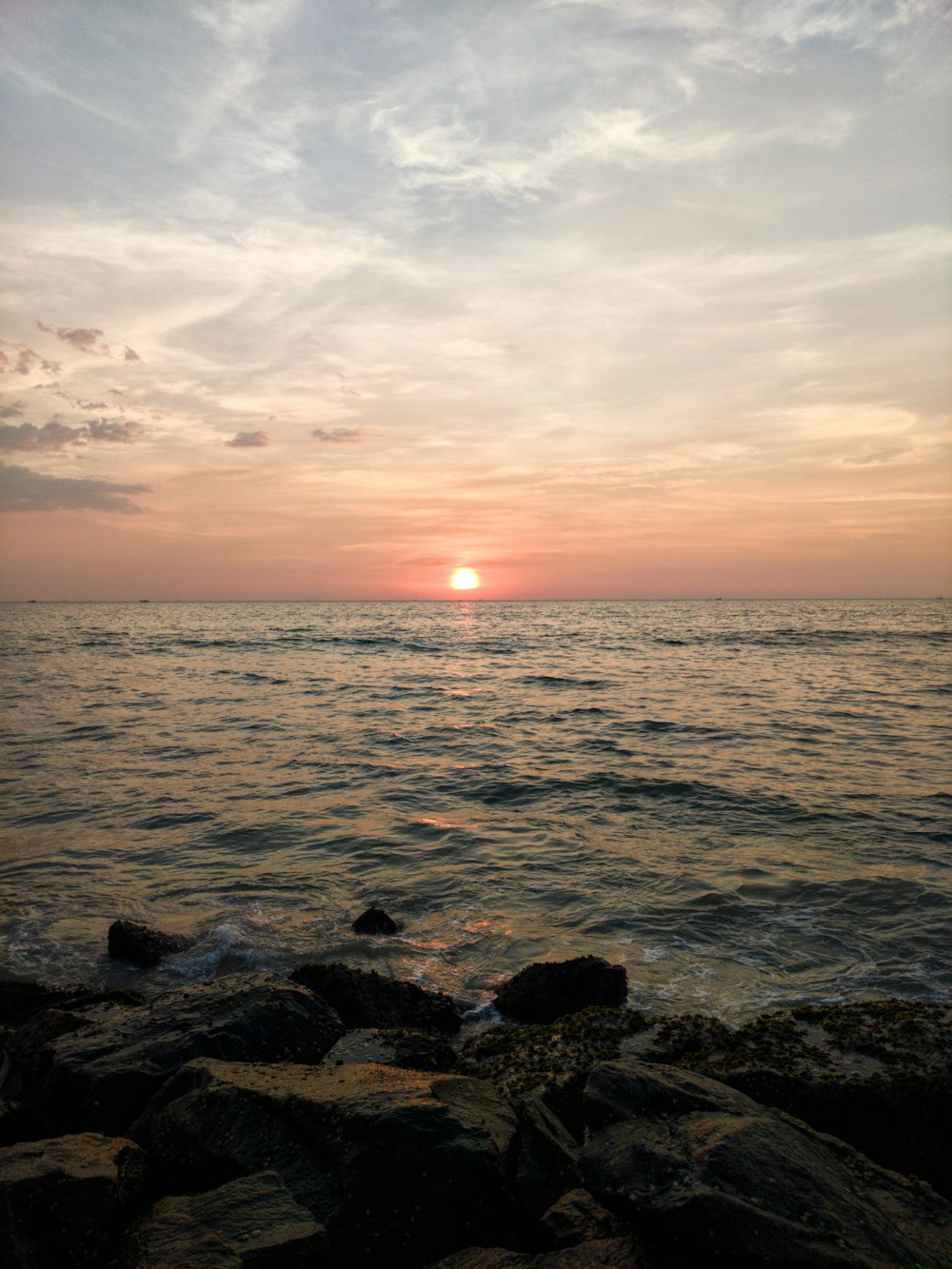 body of water during sunset