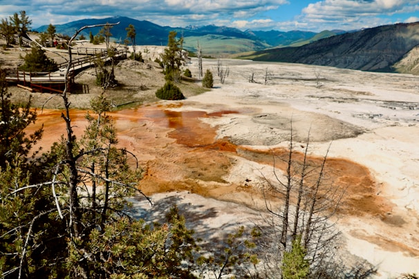 A landscape featuring a rocky terrain with patches of vibrant orange mineral deposits. Sparse vegetation, including small trees and shrubs, is present. In the background, a mountain range sits beneath a partly cloudy sky. A wooden boardwalk trails through part of the area, suggesting a viewing path for visitors.