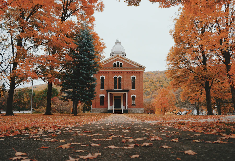 Brick town hall surrounded by autumn trees
