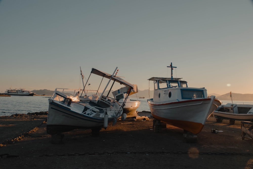 white and blue boat on beach shore during daytime