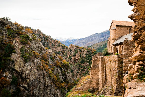 The abbey of Saint-Martin-du-Canigou on its rock, near Perpignan — France