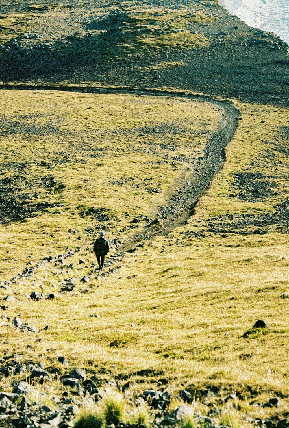 Persona che cammina sul campo marrone durante il giorno