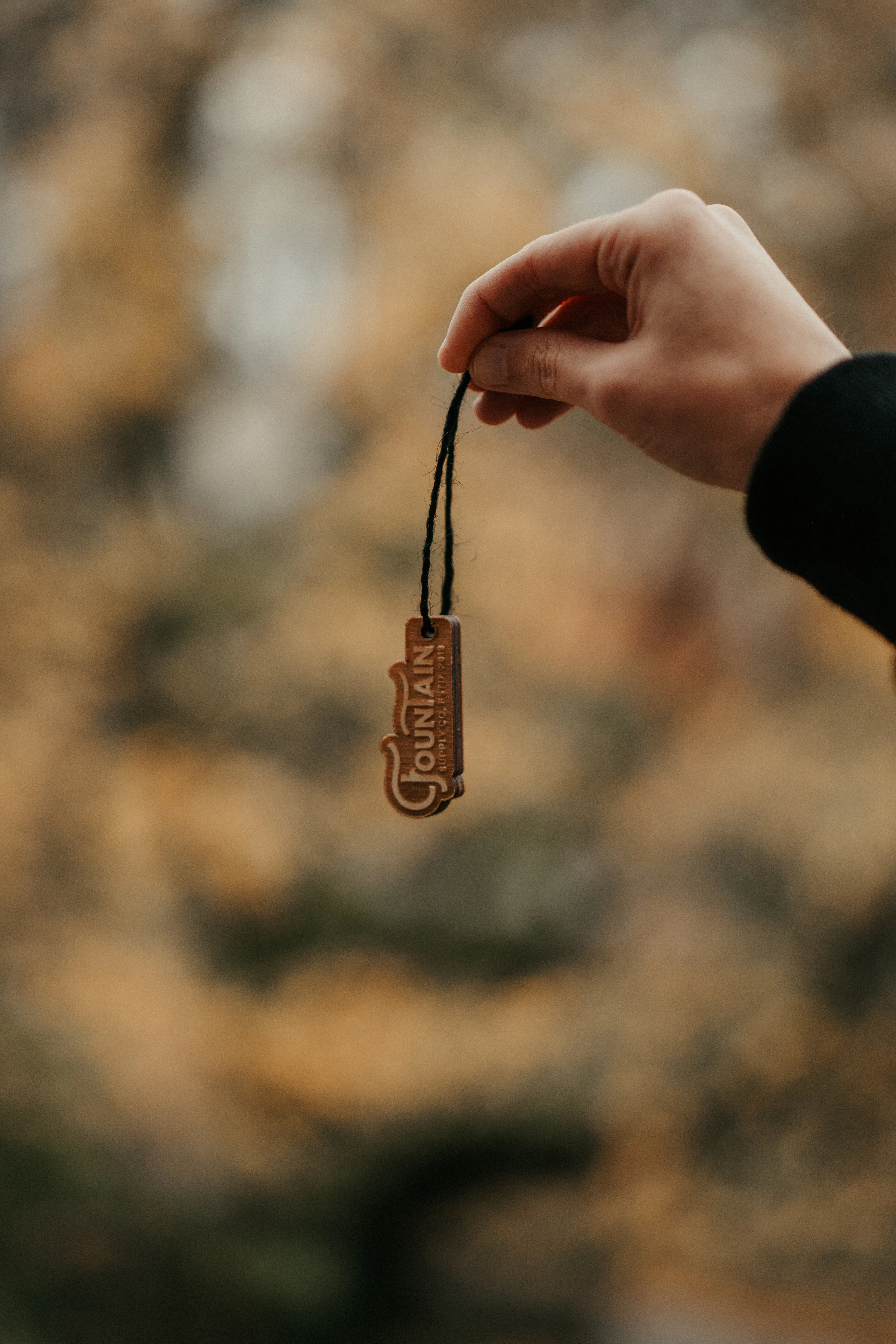 A hand holding an engraved wooden pendant