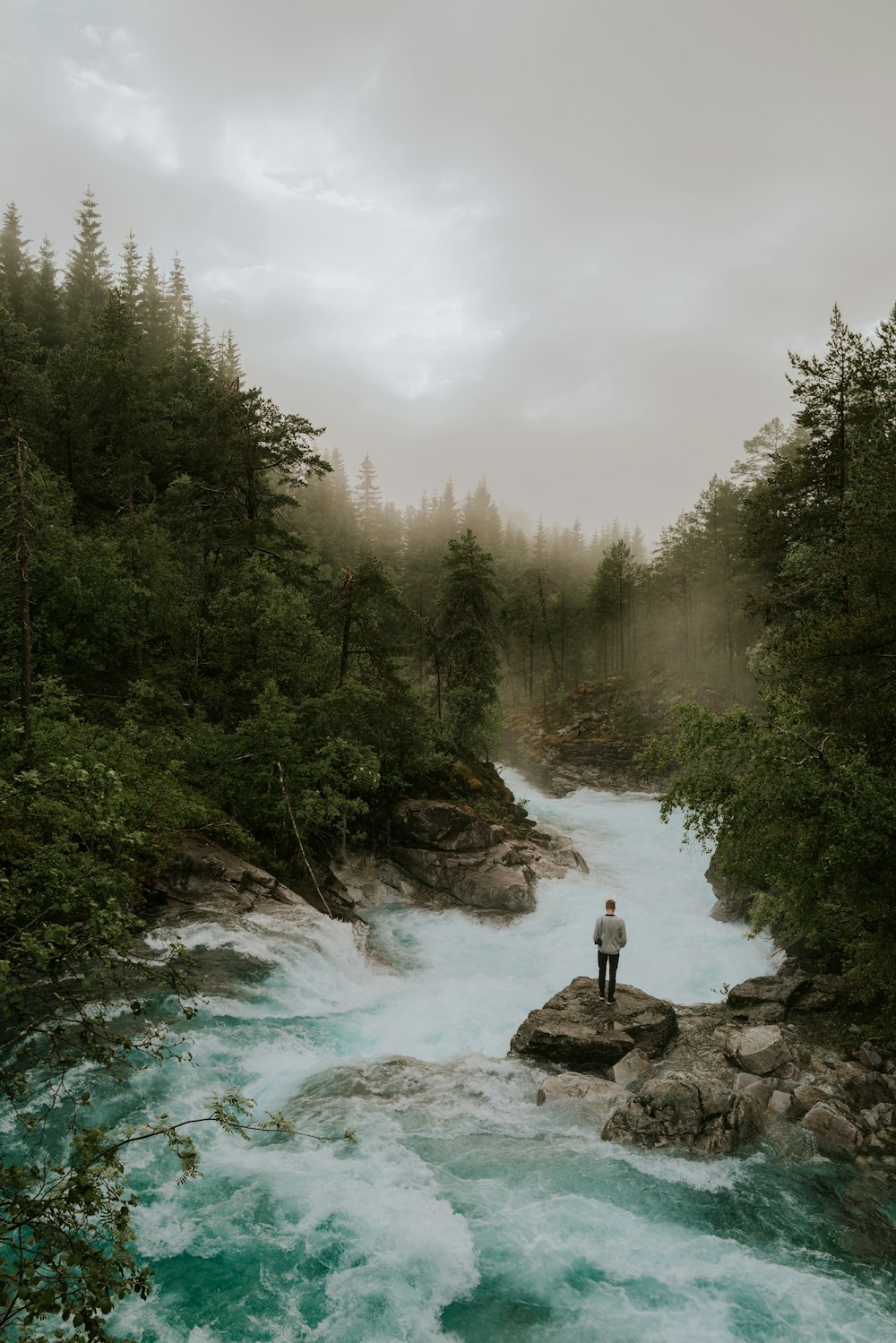 personne debout sur un rocher près de la rivière pendant la journée