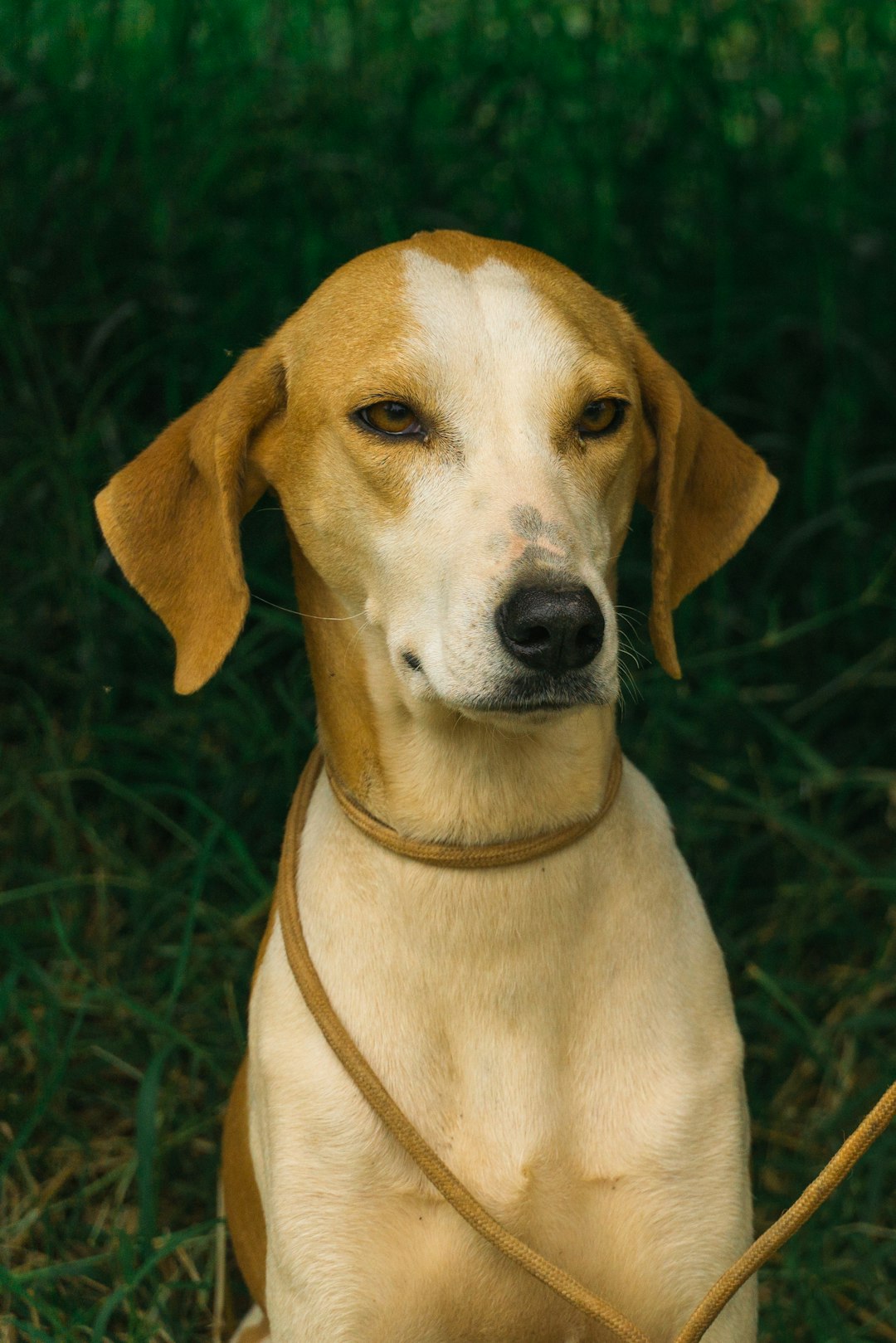 brown and white short coated dog on green grass during daytime