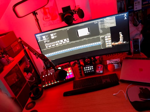 A workspace setup featuring a large curved monitor displaying video editing software. It is surrounded by various equipment including a microphone on an adjustable arm, a sound mixer with illuminated buttons, headphones, and a laptop. The ambient lighting in the room is predominantly red, creating an intense and focused atmosphere.