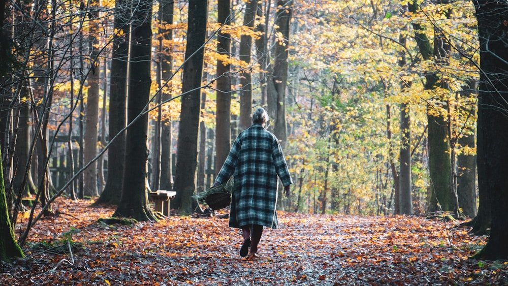 woman in black and white plaid coat walking on forest during daytime