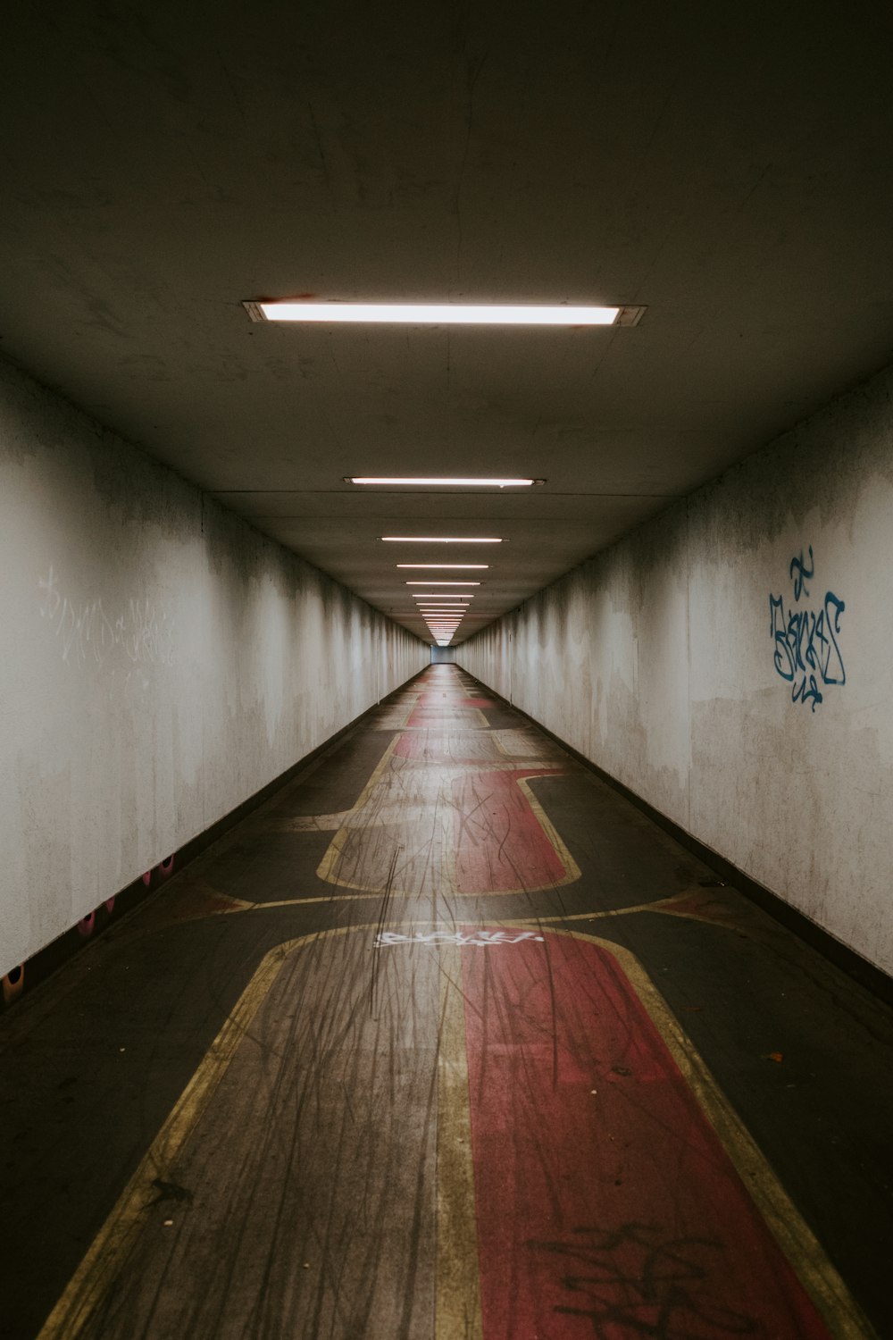 red and black hallway with white wall