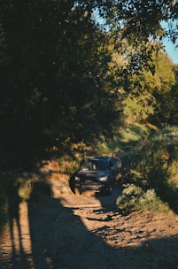 A rugged SUV driving through a forest trail with sunlight filtering through trees.