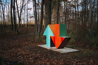 red and blue arrow sign surrounded by brown trees