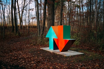 red and blue arrow sign surrounded by brown trees different google meet background