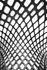 A geometric pattern of interlocking diamond-shaped openings creates an architectural mesh. The structure has a futuristic and symmetrical design, suggesting an intricate, lattice-like formation.