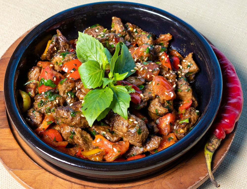 vegetable dish on blue ceramic bowl